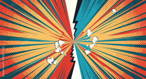 Dynamic and energetic retro comic book background featuring a split screen with explosive radial lines in red, blue, and yellow-orange.
