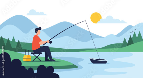 A serene landscape illustration of a man fishing by a tranquil lake, with beautiful mountains and a bright sun in the background.