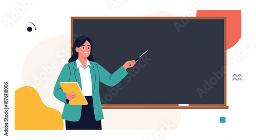 A cheerful female teacher stands in front of a blank blackboard, holding a folder and pointing, with colorful abstract shapes in the background.