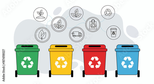 Color-coded recycling bins for waste separation with environmental icons.