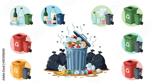 Illustration of colorful recycling bins and overflowing trash can with waste.