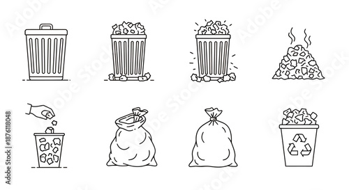 Set of black and white line icons representing various types of trash bins and garbage bags.