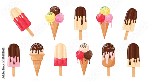 A delicious collection of various ice cream types, including cones with multiple scoops, popsicles with chocolate drip, and colorful sprinkles.