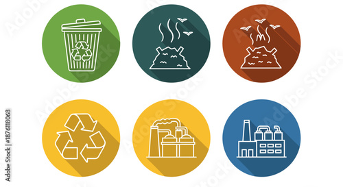 Set of colorful circular icons representing waste management and recycling concepts.