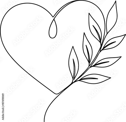 A minimalist line drawing of a heart with a leafy branch isolated on transparent background