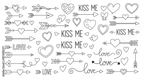 A large collection of hand-drawn doodle arrows piercing hearts, along with romantic 'love' and 'kiss me' text for Valentine's Day designs.