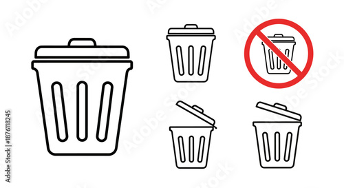 Set of simple black and white trash bin icons with different styles and a no trash symbol.