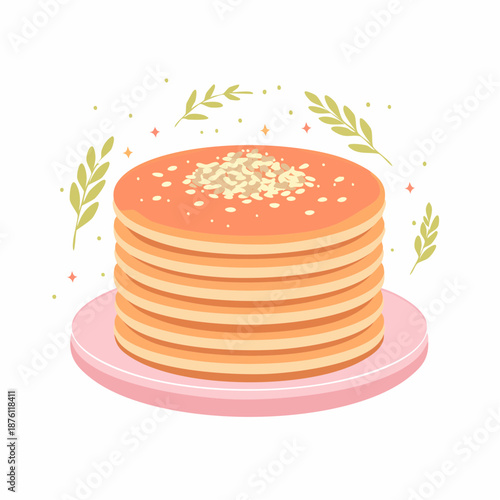 Minimalist Illustration of Pancake Stack with Oats and Botanical Leaves