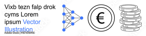 Artificial intelligence, machine learning, fintech, currency exchange, data analysis, economics. a neural network, Euro sign and coin stack. AI and fintech concepts illustrated