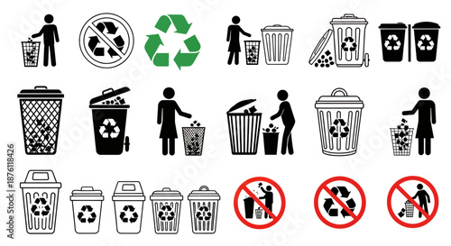 Set of black and white recycling and waste disposal icons with various symbols and actions.