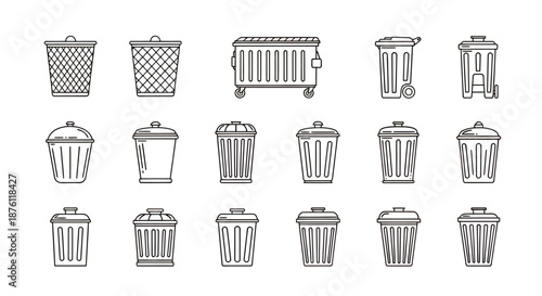 Set of various black and white trash bin icons in different styles and shapes.