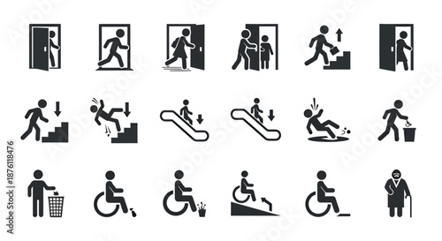 Set of black icons representing various accessibility and mobility activities and facilities.