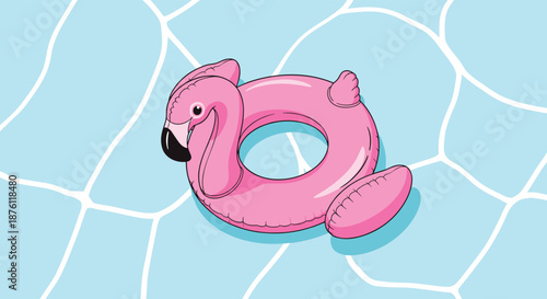 A bright pink inflatable flamingo pool float drifts on the sparkling blue water of a swimming pool, evoking a fun summer vacation vibe.