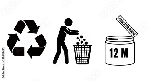 Set of black and white icons representing recycling and product expiration.