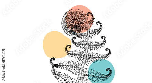 Elegant line art illustration of a fiddlehead fern uncurling, set against a background of abstract, soft-colored organic shapes for a modern look.