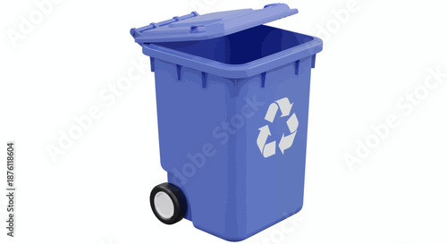 Blue recycling bin with wheels and open lid for waste management.