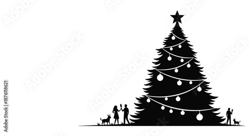 A festive silhouette scene of a large, decorated Christmas tree with people and dogs celebrating underneath, providing ample copy space.