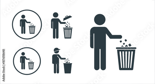 Set of black and white icons depicting people throwing trash into bins promoting cleanliness and waste disposal.