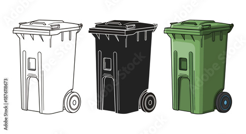 Set of three different colored wheeled garbage bins for waste management and recycling.