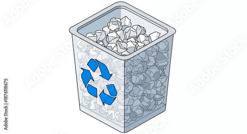 Transparent recycling bin filled with crushed plastic bottles and recycling symbol.