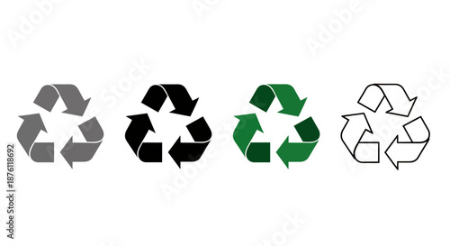 Set of four different style recycle symbols in various colors representing sustainability and environmental awareness.