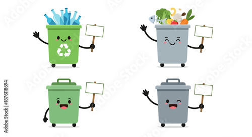 Set of cute cartoon recycling and trash bins with happy and sad expressions holding blank signs.