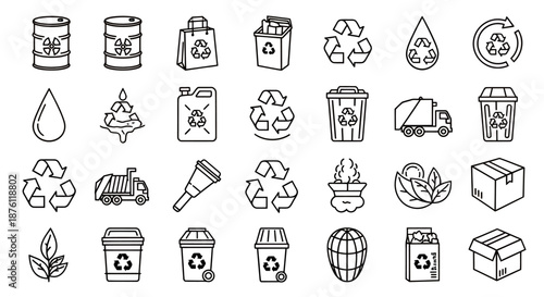 Set of black line icons representing waste management and recycling concepts.
