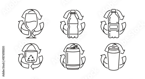 Set of six black and white recycling bin icons with different recycling symbols.