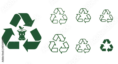 Various green recycling symbols representing environmental sustainability and waste management concepts.