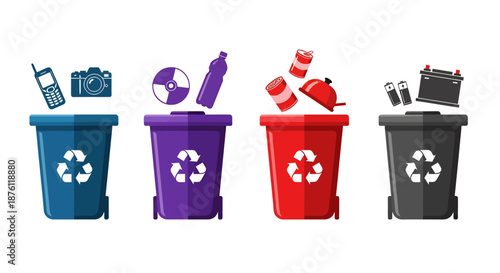 Colorful recycling bins for sorting different types of waste with icons.