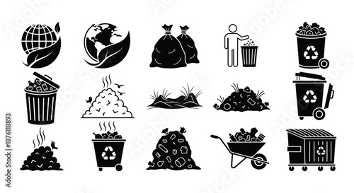 Set of black and white icons representing various types of waste and recycling concepts.