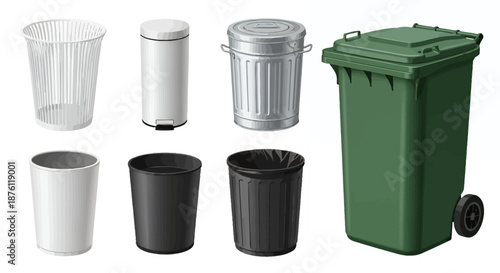 Collection of various types of trash bins and waste containers for waste management.