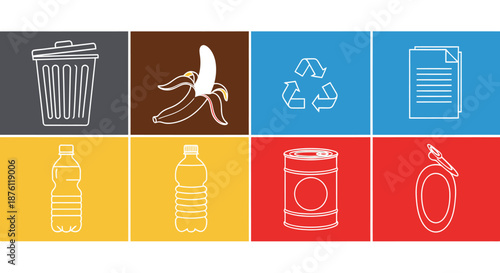 Set of colorful icons representing waste management and recycling concepts.