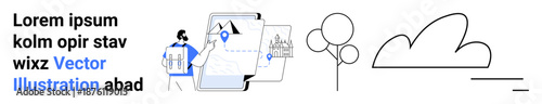 Map navigation, geolocation, digital storage, urban planning, environment, technology. Minimalist image map pins, cloud icons and trees. Geolocation and digital storage concepts