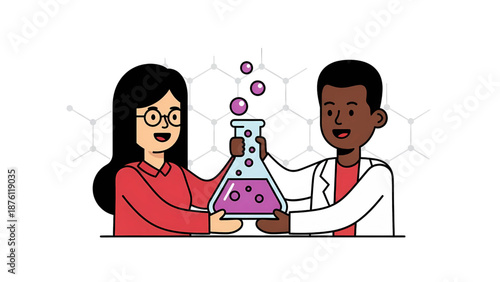 Scientists Conducting Chemistry Experiment Students Mixing Chemical Solution Illustration