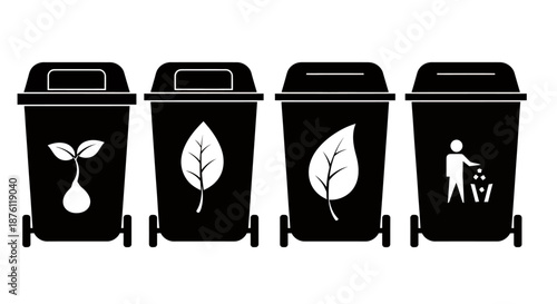 Black recycling bins with different environmental symbols for waste sorting and recycling.
