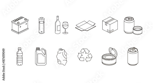 Set of black line icons representing various types of recyclable containers and packaging materials.