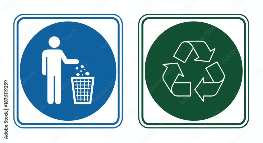 Fototapeta premium Set of environmental and waste disposal signs promoting recycling and cleanliness.