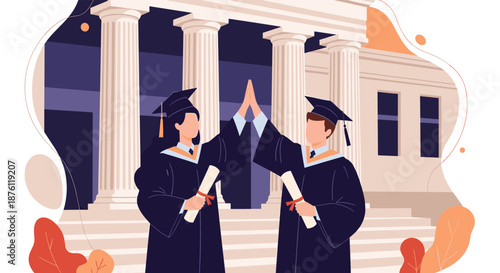 Two happy university graduates in caps and gowns celebrating with a high five while holding their diplomas in front of a college building.