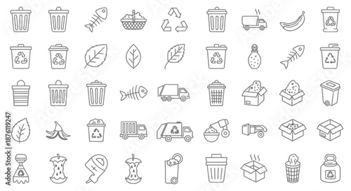 Set of various outlined recycling and waste management icons.