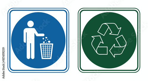 Set of environmental and waste disposal signs promoting recycling and cleanliness.