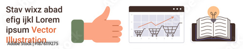 E-commerce, education, business analysis, customer feedback, online learning, growth. A thumbs-up, chart with shopping carts and an open book with a lightbulb. E-commerce and education concept