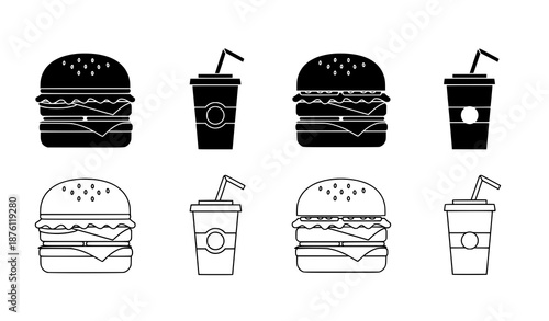 Hamburger and soda flat and outline icons vector set simple fast food symbols for apps and menus