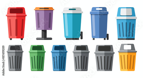 Set of colorful trash bins with lids in various designs and colors.