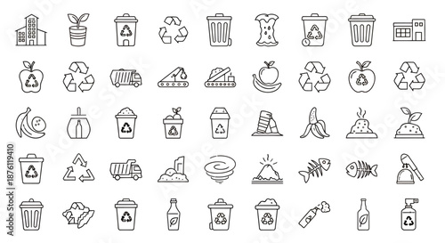 Set of various black and white line icons representing food and drink items and utensils.