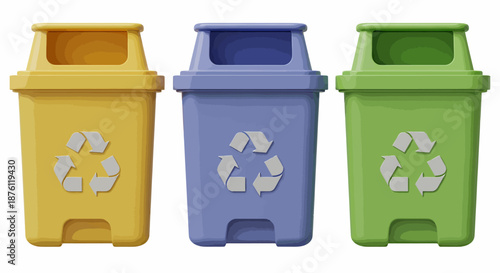 Set of three colorful recycling bins for waste separation and environmental protection.