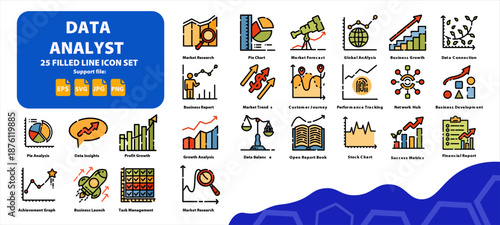 Data analyst icon set. 25 filled line color icon for market research, growth, and business analysis.
