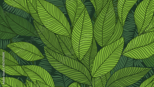 Vibrant Green Leaves, Nature Close-Up, Lush Forest, Illustration, Natural Environment, Artistic Viewpoint