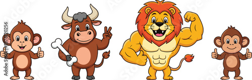 Cute cartoon animal characters set with monkey, bull and strong lion mascot in fun poses, colorful vector illustration for kids, branding, games and stickers