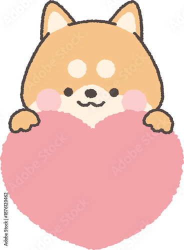 ハートの上から顔を出すサバ茶色の柴犬